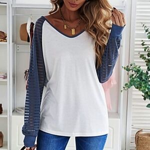 Women's White and Blue Long Sleeve Top